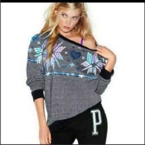 EUC PINK Victoria’s Secret Gray Oversized Snowflake Bling Pullover Sweater - HTF